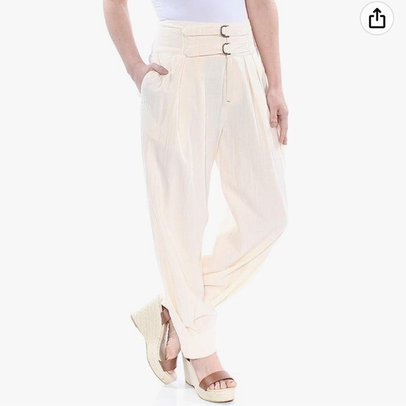 Free People Double Buckle Trouser Pants Ivory Cream Cotton Old Money Size 10 - Picture 5 of 10